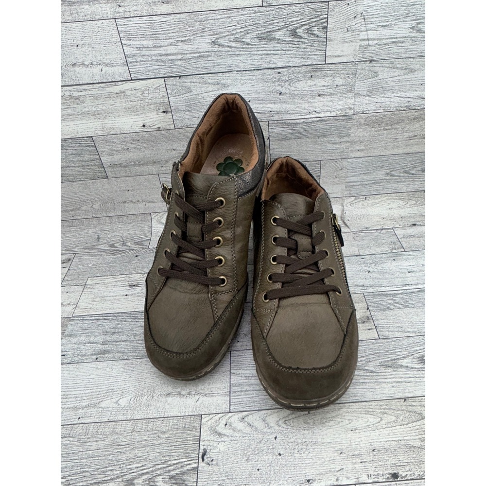 Spring Step Olive Brown Leather Side Zip Lace Up Sneakers Women Sz EU 39 US 8.5